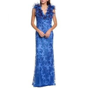 NWT Tadashi Shoji Liana Floral Embellished Elegant Blue Lace Gown Frilly Vneck